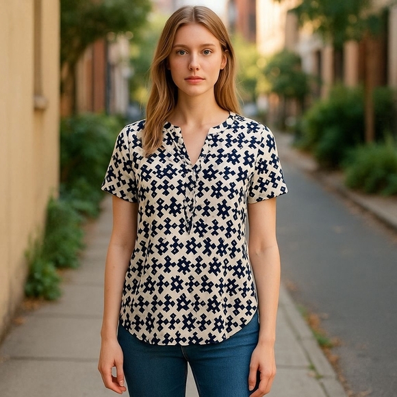 41 Hawthor White/ Blue Geometric Sheer Top Size Medium Metallic Buttons Details - Picture 4 of 12